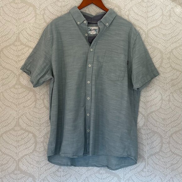 Hurley Essential Slub Cotton Short Sleeve Woven Button Down Shirt, Blue/Green - Picture 1 of 13